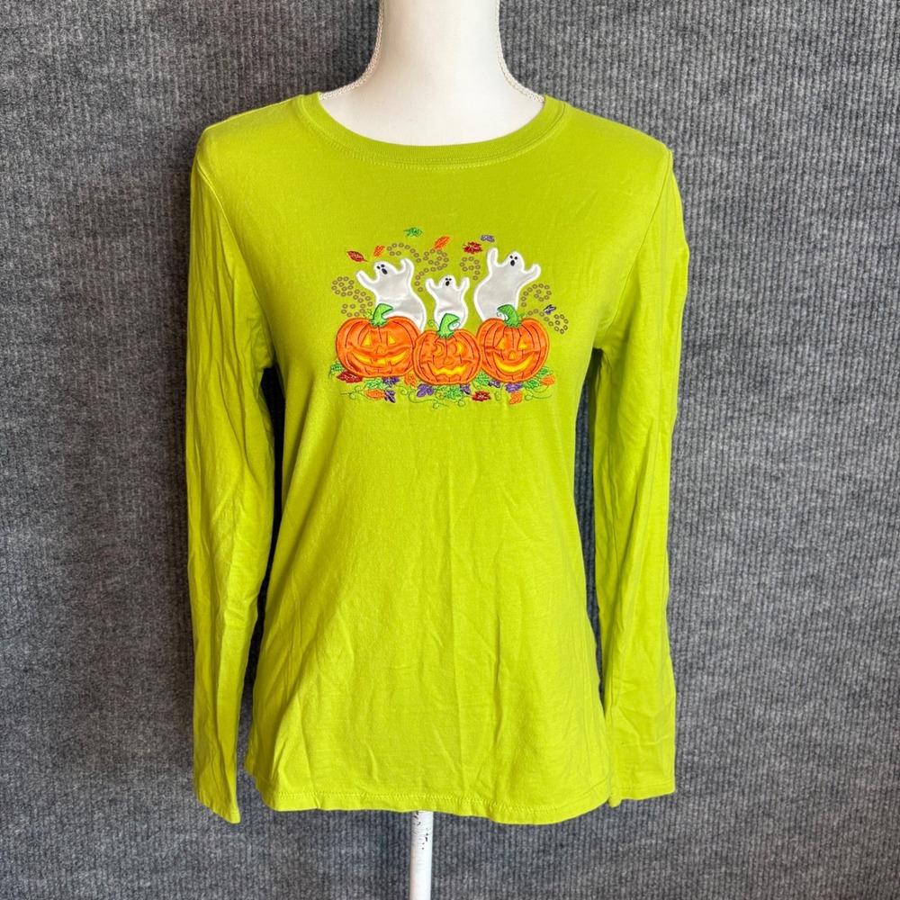 Halloween Ghost Pumpkin Embroidered Sequin Shirt Womens M Lime Green Cotton